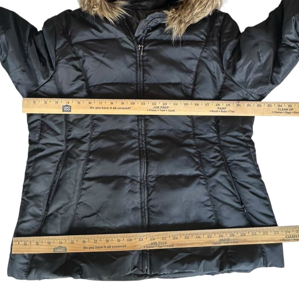 Womens Coat Size Large Black Fox Tail Fur Trim Puffer Down Jacket Winter Cold - Picture 2 of 8